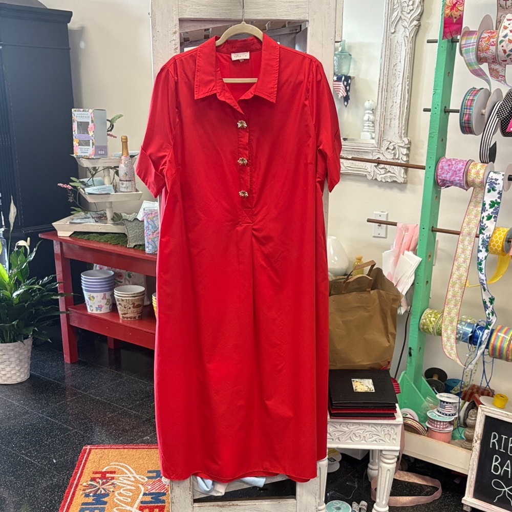 entro Red Button-Front Midi Shirt Dress